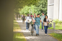 Gruppe junger Studierender gehen gemeinsam bei sonnigem Wetter über den Campus und unterhalten sich.