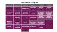 Infografik: Der Studienverlaufsplan zeigt Kurse über sechs Semester mit jeweils 6 Credits. Kurse umfassen Themen wie Rechnungslegung, Marketing und Zivilrecht. Im 6. Semester ist eine Bachelorarbeit mit 12 Credits vorgesehen. Ein Workplace Learning mit 3 Credits ist ebenfalls enthalten.