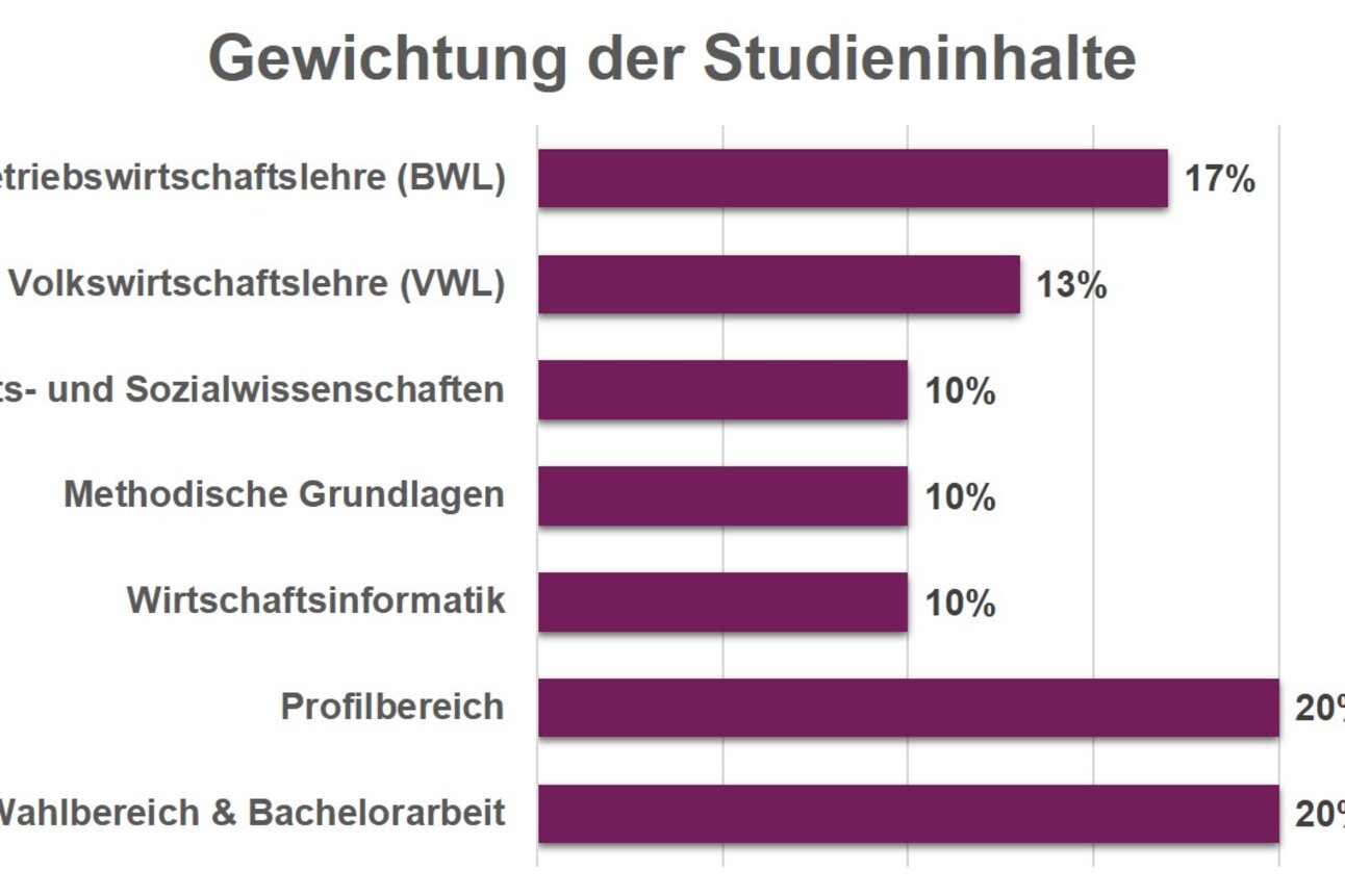 Infografik: Balkendiagramm zeigt die Gewichtung der Studieninhalte. Betriebswirtschaftslehre (BWL) 17%, Volkswirtschaftslehre (VWL) 13%, Rechts- und Sozialwissenschaften 10%, Methodische Grundlagen 10%, Wirtschaftsinformatik 10%, Profilbereich 20%, Freier Wahlbereich & Bachelorarbeit 20%.