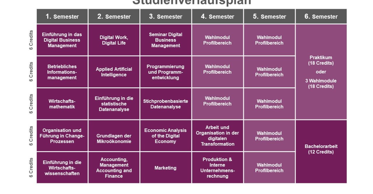 Infografik: Der Studienverlaufsplan zeigt Module für sechs Semester mit jeweils 6 Credits. Themen umfassen Digital Business Management, Künstliche Intelligenz, Programmierung und Wirtschaftsmathematik. Im 6. Semester sind ein Praktikum oder Wahlmodule sowie eine Bachelorarbeit vorgesehen.