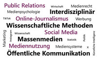 Infografik: Eine Wortwolke mit Begriffen wie "Öffentliche Kommunikation", "Massenmedien", "Wissenschaftliche Methoden", "Social Media", "Online-Journalismus", "Public Relations", "Interdisziplinär", "Mediennutzung", "Medienpsychologie", "Medienrecht", "Marketing", "Wirtschaft", "Werbung", "Statistik", "Politik", "Künstliche Intelligenz", "TikTok", "Instagram", "Wissenschaft", "Mediensysteme".