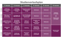 Infografik: Der Studienverlaufsplan zeigt Module für sechs Semester mit jeweils 6 Credits. Themen umfassen Sustainability, Mikroökonomie, Bioökonomie, Unternehmensrechnung, Datenanalyse und mehr. Im 6. Semester sind Praktikum oder Wahlmodule und die Bachelorarbeit vorgesehen.