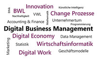 Infografik: Eine Wortwolke mit Begriffen wie "Digital Business Management", "Wirtschaftsinformatik", "Innovation", "Change Prozesse", "Digital Economy", "BWL", "VWL", "Künstliche Intelligenz", "Data Management", "Unternehmertum", "Nachhaltigkeit", "Statistik" und "Marketing".