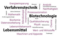 Infografik: Eine Wortwolke mit Begriffen wie "Verfahrenstechnik", "Biotechnologie", "Lebensmittel", "Mikrobiologie", "Qualitätssicherung", "Nachhaltigkeit", "Energieeinsparung", "Mathematik", "Biochemie", "Datenverarbeitung" und "Maschinen und Apparate".