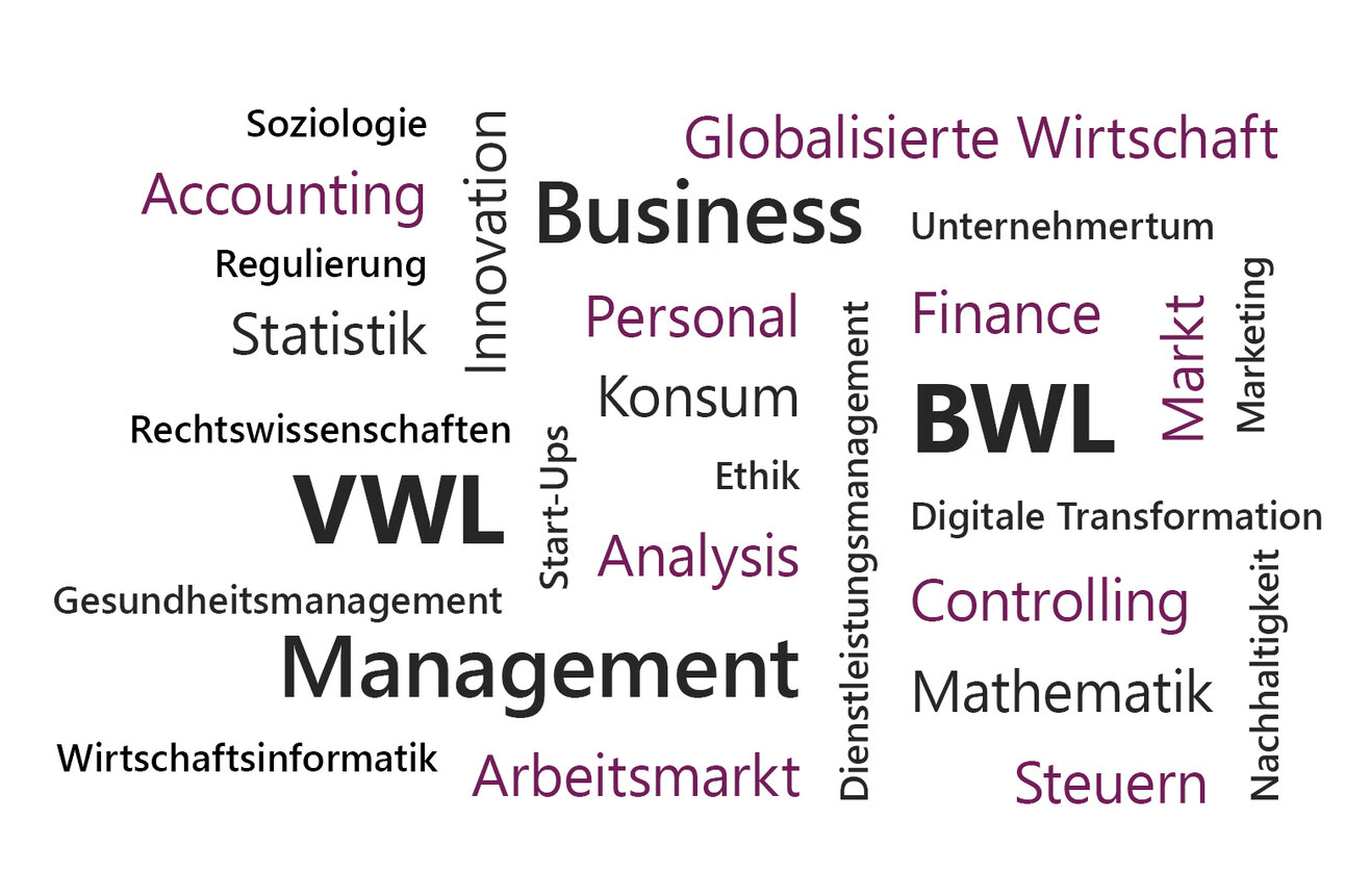 Infografik: Eine Wortwolke mit Begriffen aus Wirtschaft und Management. Enthalten sind Wörter wie BWL, VWL, Business, Management, Accounting, Finance, Controlling, Markt, Innovation, Statistik, Personal, und Globalisierte Wirtschaft.
