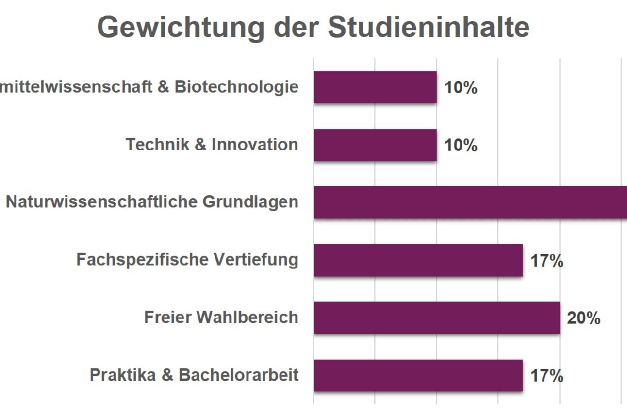 Infografik: Balkendiagramm zeigt die Gewichtung der Studieninhalte. Naturwissenschaftliche Grundlagen 26%, Freier Wahlbereich 20%, Fachspezifische Vertiefung und Praktika & Bachelorarbeit je 17%, Lebensmittelwissenschaft & Biotechnologie und Technik & Innovation je 10%.