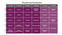 Infografik: Der Studienverlaufsplan zeigt Module für sechs Semester eines Biologiestudiums. Jedes Semester umfasst Kurse wie Biologie, Botanik, Zoologie und Chemie, jeweils mit 6 Credits. Der Plan endet mit einem Grundlagenmodul, einem berufsorientierenden Modul und der Bachelorarbeit im sechsten Semester.