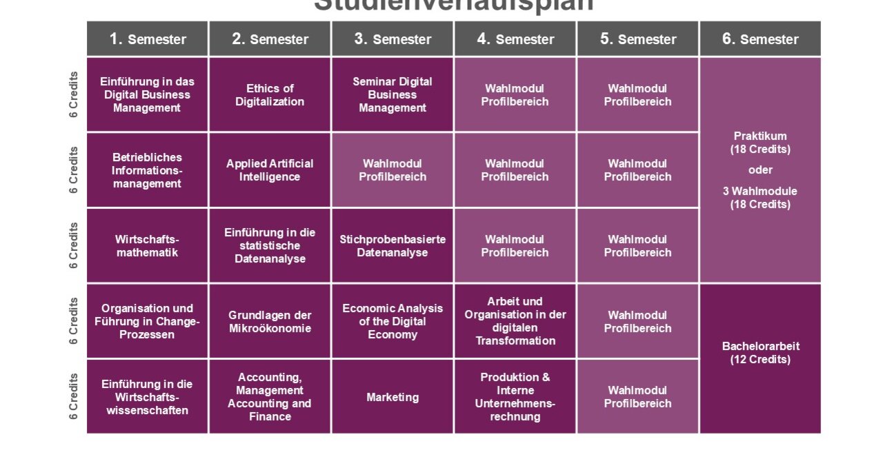 Infografik: Der Studienverlaufsplan zeigt Module für sechs Semester mit jeweils 6 Credits. Themen umfassen Digital Business Management, Künstliche Intelligenz, Programmierung und Wirtschaftsmathematik. Im 6. Semester sind ein Praktikum oder Wahlmodule sowie eine Bachelorarbeit vorgesehen.