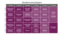 Infografik: Der Studienverlaufsplan zeigt Module für sechs Semester mit jeweils 6 Credits. Themen umfassen Digital Business Management, Künstliche Intelligenz, Programmierung und Wirtschaftsmathematik. Im 6. Semester sind ein Praktikum oder Wahlmodule sowie eine Bachelorarbeit vorgesehen.