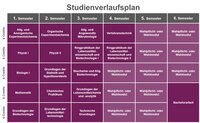 Infografik: Der Studienverlaufsplan zeigt Module über sechs Semester. Jedes Semester umfasst Fächer wie Chemie, Physik, Biologie und Wahlmodule. Im letzten Semester ist eine Bachelorarbeit vorgesehen. Jedes Fach hat 6 Credits.