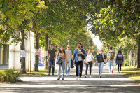 Foto: Eine Gruppe von Personen geht auf einem von Bäumen gesäumten Gehweg. Die Umgebung wirkt wie ein Campus oder Park. Einige Personen tragen Rucksäcke und Freizeitkleidung. Im Hintergrund sind weitere Personen und Bäume sichtbar.