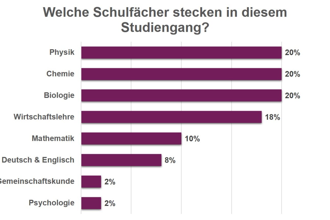 Infografik: Ein Balkendiagramm zeigt die Anteile verschiedener Schulfächer in einem Studiengang. Physik, Chemie und Biologie haben jeweils 20%, Wirtschaftslehre 18%, Mathematik 10%, Deutsch & Englisch 8%, Gemeinschaftskunde und Psychologie jeweils 2%.
